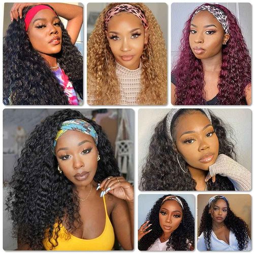 Rebasar Curly Headband Wig 24 Inch Deep Wave Human Hair Wigs for Black Women Glueless No Lace Front Wigs Human Hair Headband Wig Wear and Go Brazilian Virgin Hair Black Curly Wig