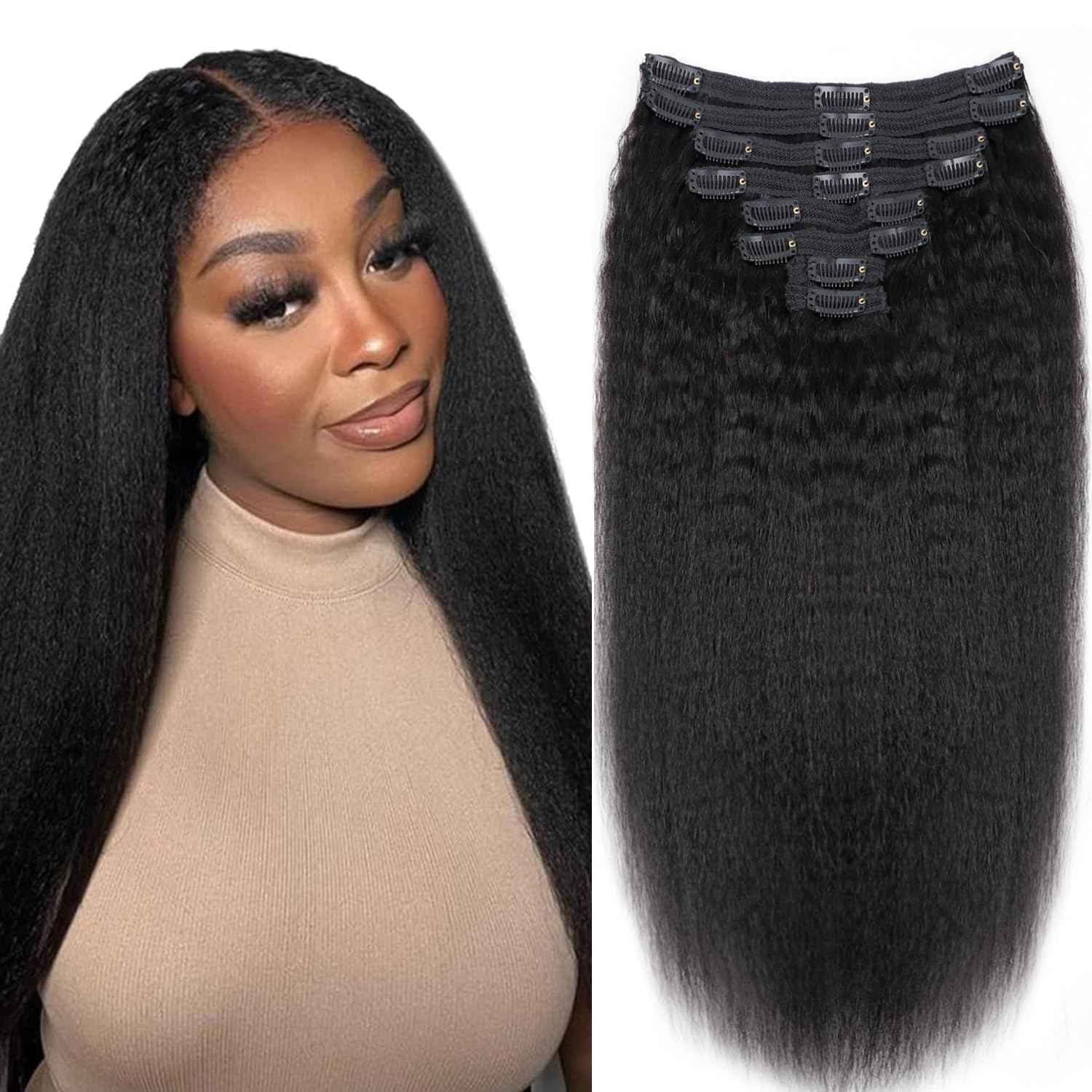 Kinky Straight Clip in Hair Extensions Human Hair for Black Women 8A Brazilian Kinky Real Hair Extensions Clip in Human Hair Full Head Natural Color 8pcs 18 Clips 120g/Set (16 Inch)