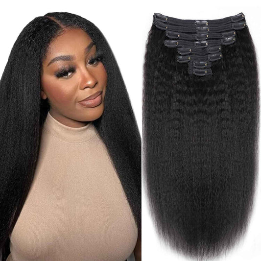 Kinky Straight Clip in Hair Extensions Human Hair for Black Women 8A Brazilian Kinky Real Hair Extensions Clip in Human Hair Full Head Natural Color 8pcs 18 Clips 120g/Set (16 Inch)