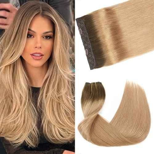 Hair Extensions 20 Inch Hair Extensions Real Human Hair Chocolate Brown to Caramel Blonde Straight Hair Extension Human Hair Extension Transparent Fish Line Invisible Hairpiece