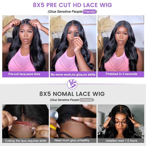 ONECHULY Wear and Go Glueless Wigs Human Hair pre cut HD lace 8x5 Body Wave Lace Front Wigs Human Hair Pre Plucked 180% Density 30 Seconds to Wear Glueless Wig for Beginners 24inch