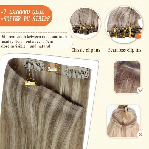 Full Shine Human Hair Clip in Extensions Balayage Seamless Hair Extensions Clip ins Golden Blonde Mix Light Blonde Real Hair Extensions for Women 18 Inch 8 PCS 120 G