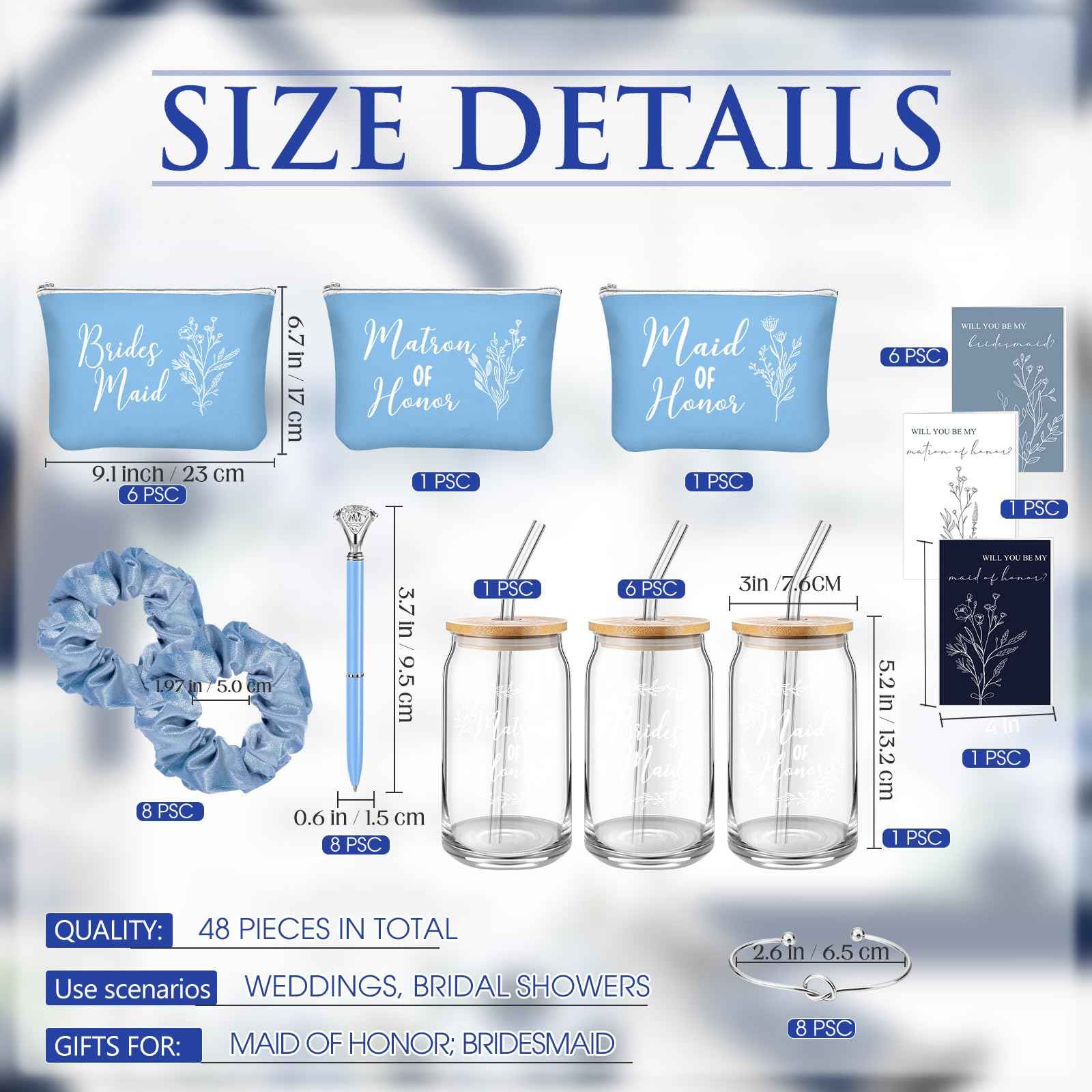 Irenare 48 Pcs 8 Set Bridesmaid Proposal Gifts Maid of Honor Gifts Bridal Shower 16oz Glass Cups Cosmetic Makeup Bags Invited Cards Scrunchies Hair Knotted Bracelets Diamond Pens(Blue)