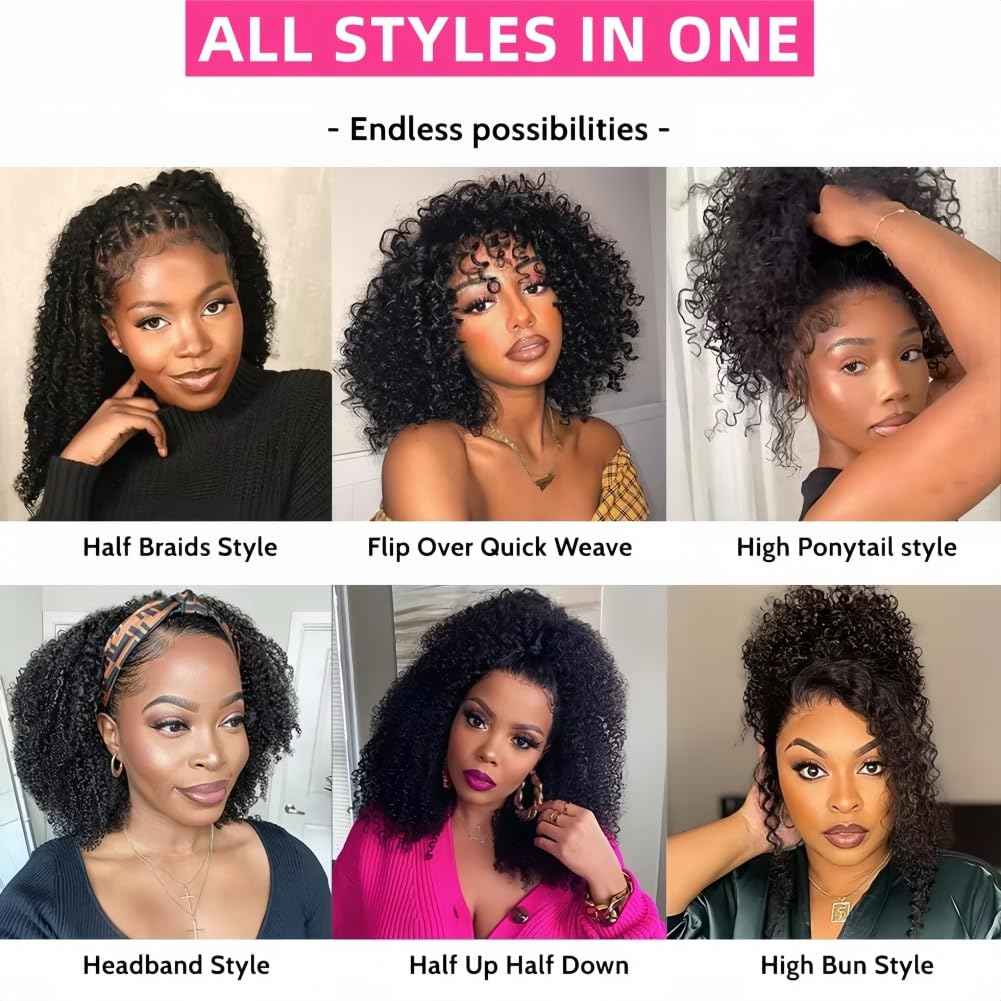 Jilnor Curly Half Wig Human Hair 200% Density Seamless Flip Over Wig Wear and Go Glueless Drawstring Wig Human Hair for Women 3 In 1 Deep Curly Headband Wig Beginner Friendly 22 Inch