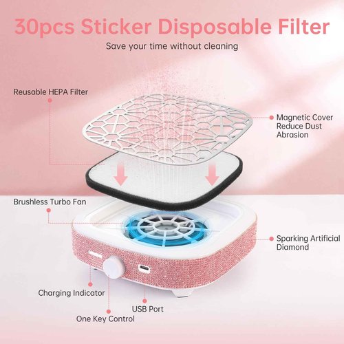 CHRISTINE SHELLY Nail Dust Collector, Cordless Dust Collector Nail Tech, Compact Powerful 6000RPM Nail Vacuum Fan Rechargeable Dust Extractor for Acrylic Gel Polish Manicure Pedicure for Home, Pink