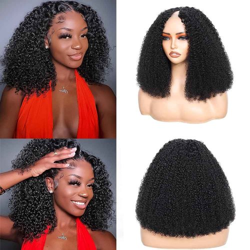 RAGMZZE V Part Wig Human Hair Kinky Curly Natural Black 16 Inch | Curly Human Hair Wig Upgrade U Part Human Hair Wigs for Black Women Glueless Wig Wear and Go 180 Density