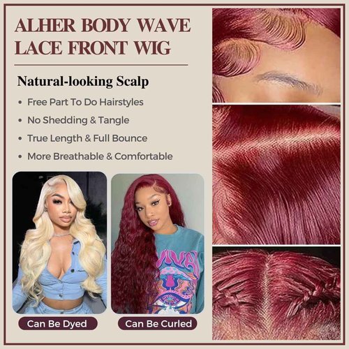 ALHER 12A Dark Burgundy Lace Frontal Wig 180% Density, 99J Wine Red Colored Ear to Ear 13x4 Frontal Wig Pre Plucked With Baby Hair, 100% Virgin Remy Human Hair Purple Wig for Black Women 22 IN