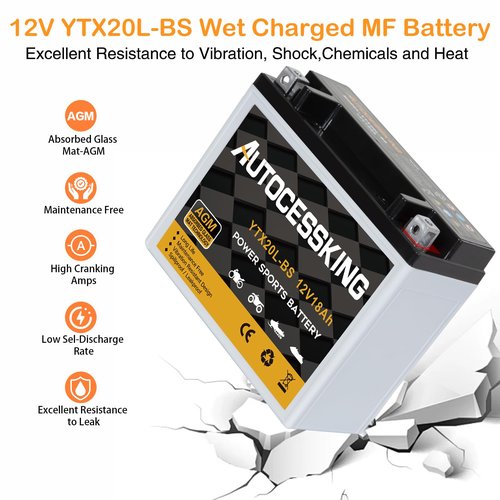 Autocessking YTX20L-BS 12V 18AH Motorcycle Battery, Rechargeable Sealed AGM Battery Maintenance Free Powersport Replacement Battery for ATV and Scooter