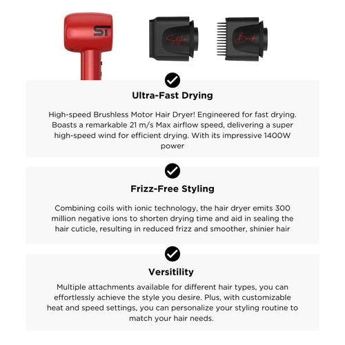 Supreme Trimmer Hair Dryer Negative Ion 110,000 RPM | Fast Drying & Low Noise Blow Dryer 1400W Brushless Motor | Magnetic Attachments, 3 Heat & 3 Speed Settings + Cool Shot | SHD347