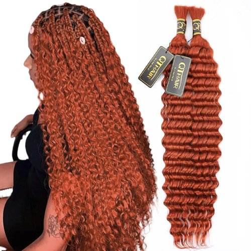 QTHAIR Deep Wave Bulk Human Hair For Braiding No Weft (24"#350 Ginger)16A 100% Unprocessed Brazilian Deep Wave Human Hair Virgin Hair Extensions Two Bundles Micro Braiding