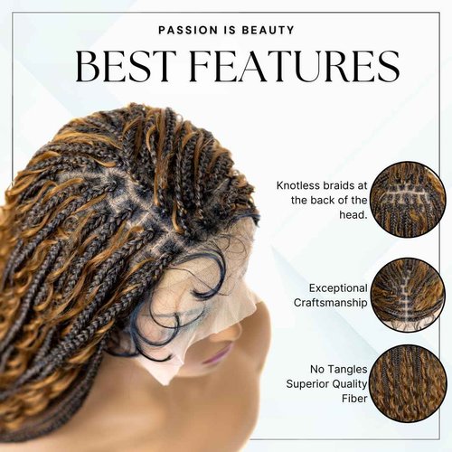 PIB 24'' Full Lace Bohemian Box Braid Wig - Knotless Braided Wigs for Black Women - Synthetic Braided Wig with Natural Baby Hair - Off Black and Light Brown #1B27