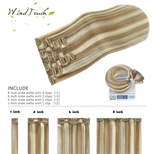 WindTouch Clip in Hair Extensions - 100g Real Human Hair, Mixed Bleach Blonde, 7pc 20-inch Thicker Extensions