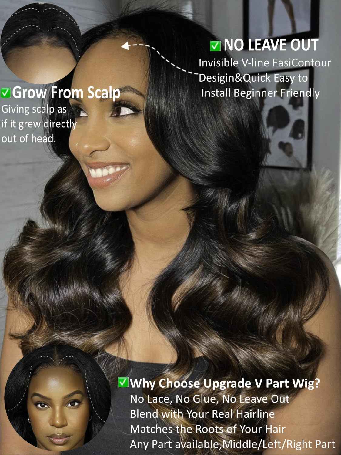 KLAIYI Ombre Brown V Part Wig Body Wave Human Hair Upgrade U Part Wig with Dark Roots Glueless Chestnut Brown Clip in Half Wig No Glue No Leave Out Beginner Wigs for Women Wear and Go Wig 150% 16Inch