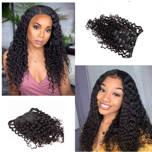 Anrosa Human Curly Hair Natural Black 1B Double Weft Water Wave Curly Clip ins Extensions for Black Women Clip on Wave Hair Extension 22 Inch 120 Gram