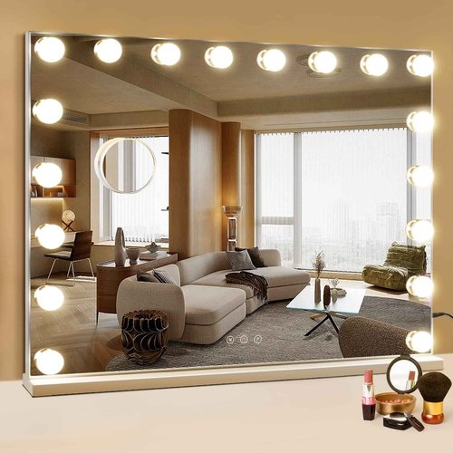 M MIVONDA Hollywood Vanity Mirror with 18 Bulbs Lights, Large Lighted Makeup Mirror for Desk and Wall, Dimmable 3 Lighting Modes, Plug-in & USB Charger Port, White