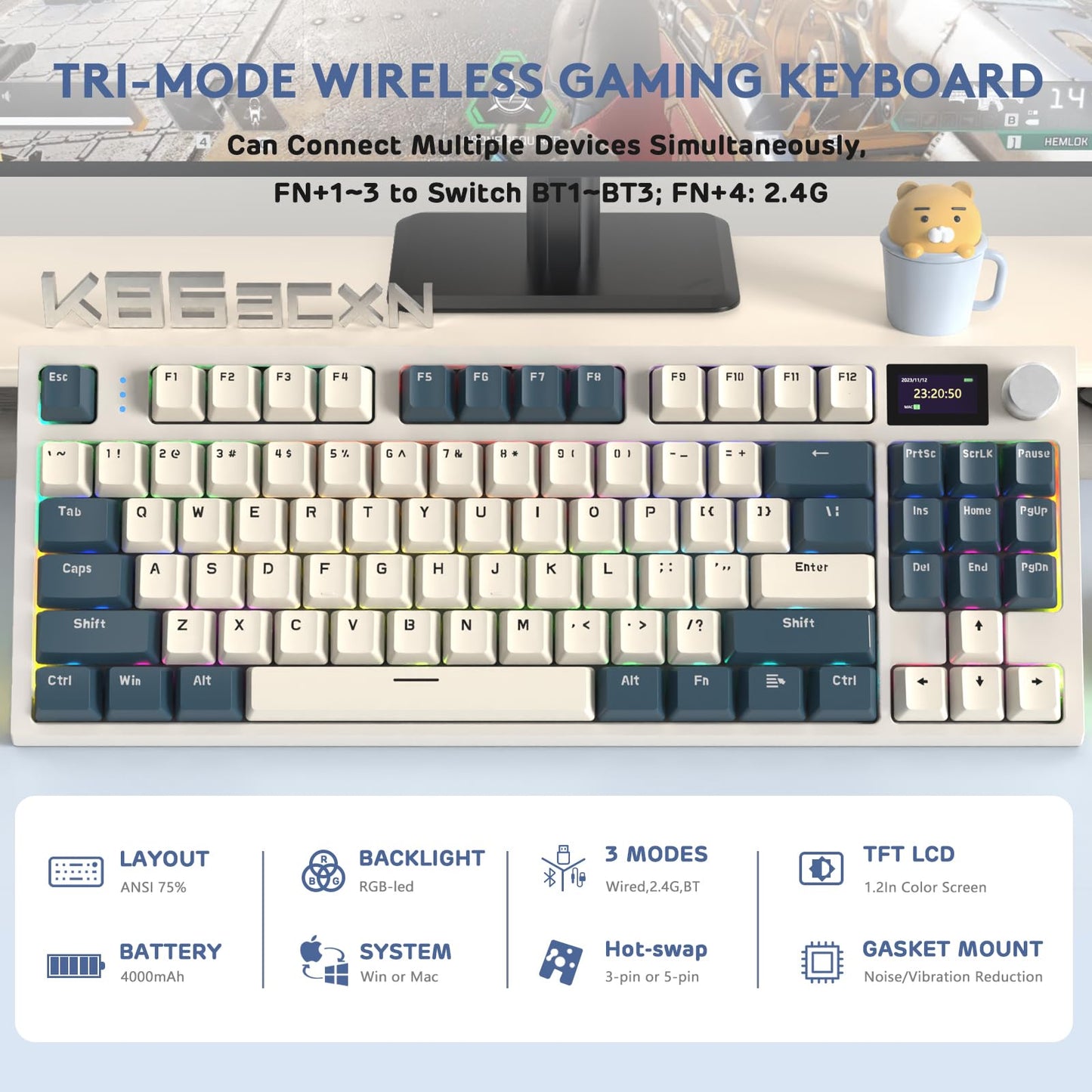 RK86 RGB 75% Wireless Gasket Mechanical Keyboard,Triple Mode Bluetooth5.0/2.4G/USB-C 82 Keys Hot Swappable Gaming Keyboard 4000 mAH Battery w/Knob & 1.2'' HD OLED Display,Custom Linear Switches