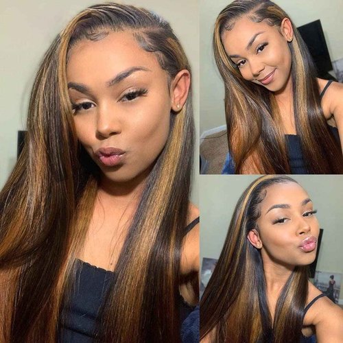 Haha Brown Highlight Bundles with 4x4 Closure Brazilian Human Hair Ombre Bundles with Closure Straight 10A Remy Virgin Hair Weave Colored Fb30 Balayage 14 16 18 +12 Free Part