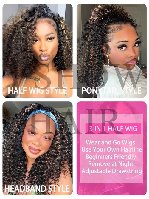 V SHOW Wear Go Glueless Half Wig Human Hair 1B/30 Highlight Water Wave Bod Wigs 3 In 1 Curly Half Wigs 180% Density Drawstring Seamless Fit Strap Flip Over Headband Wig 12 Inch Beginner Friendly