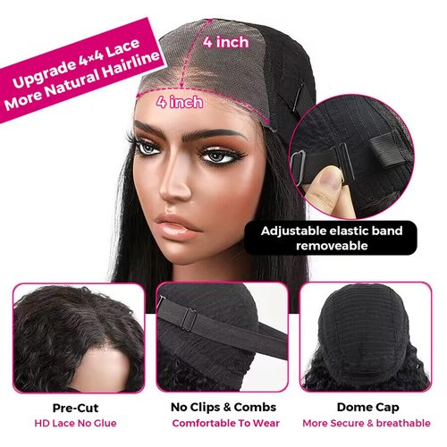 ALLRUN Wear and Go 4x4 Water Wave Closure Wig Human Hair 18 Inch Curly Wig for Black Women Glueless HD Lace Pre-Cut Pre-Plucked Bleached 180% Density