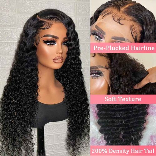 RJCY Deep Wave Lace Front Wigs 13x6 HD Transparent Human Hair Lace Front Wigs for Women 200 Density Deep Curly Human Hair Wigs Pre Plcked Deep Wave Frontal Wigs with Baby Hair 28 Inch