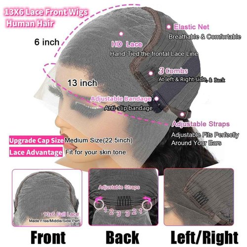 Dianthe 13x6 Deep Wave Lace Front Wigs Human Hair 20 Inch Deep Curly Human Hair Wig- Pre Plucked, 180% Density, Glueless, Natural color