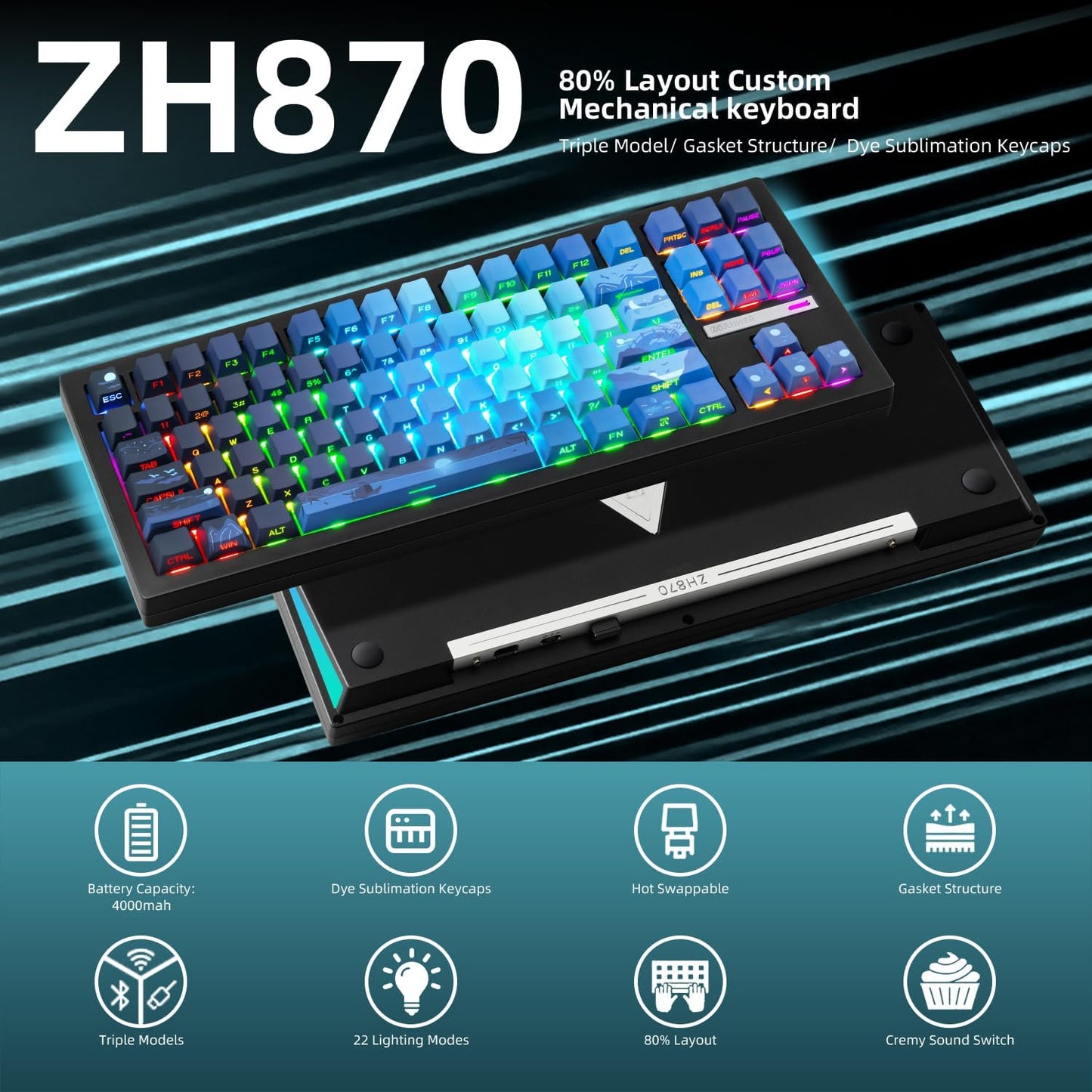 ZORNHER ZH870 Wireless Mechanical Gaming Keyboard,80% Green Custom Creamy Sound Keyboard with Shine Through PBT Keycaps,Pre-lubed Linear Switches,Hot-Swappable,RGB Backlit,2.4GHz/USB-C/BT5.0