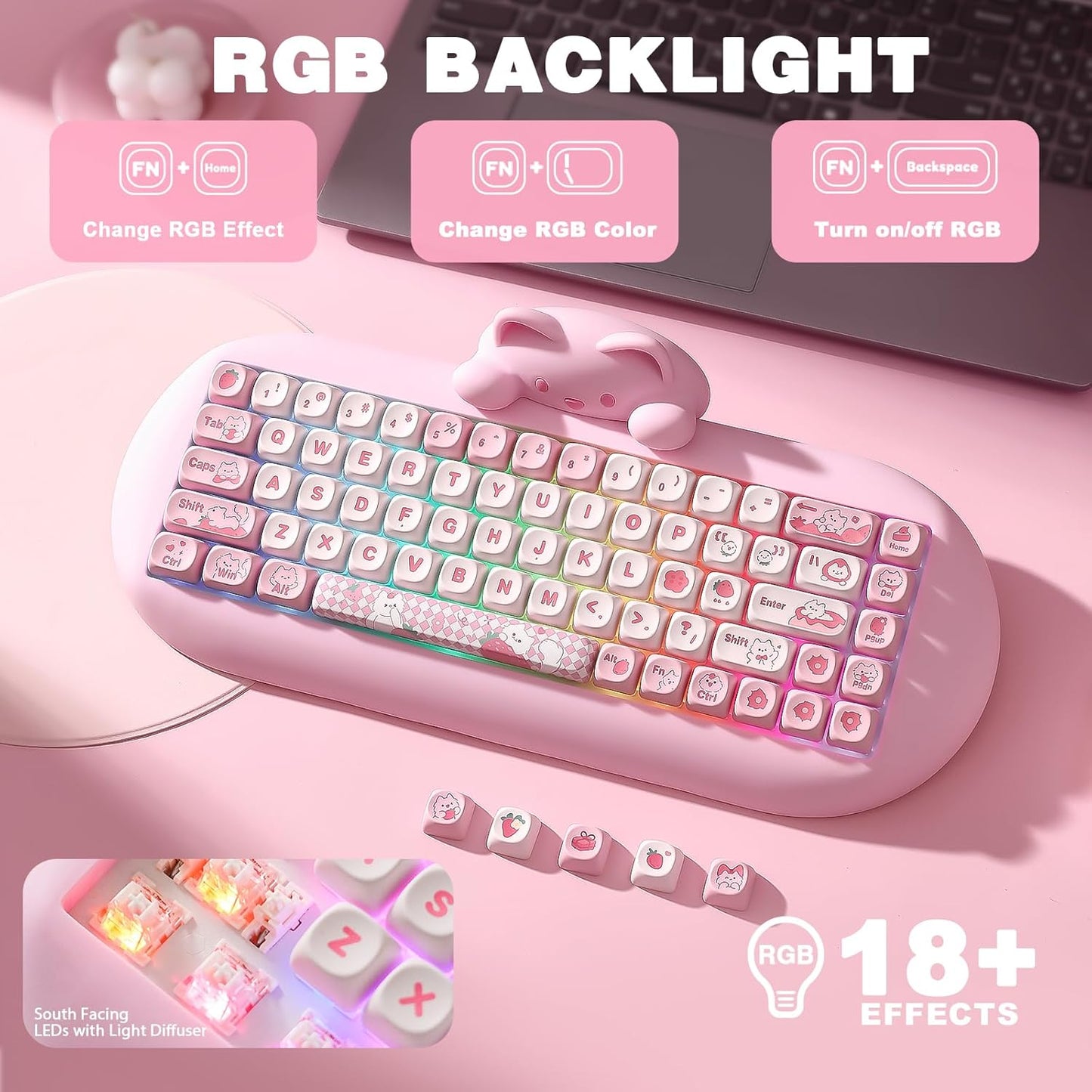 YUNZII C68 Panda Wireless Mechanical Gaming Keyboard, 68 Keys Cute Layout with PBT Keycaps,RGB Backlit, Hot Swappable,Creamy Switches,BT5.0/2.4G/Wired for Win/Mac(Black,Panda Switch)