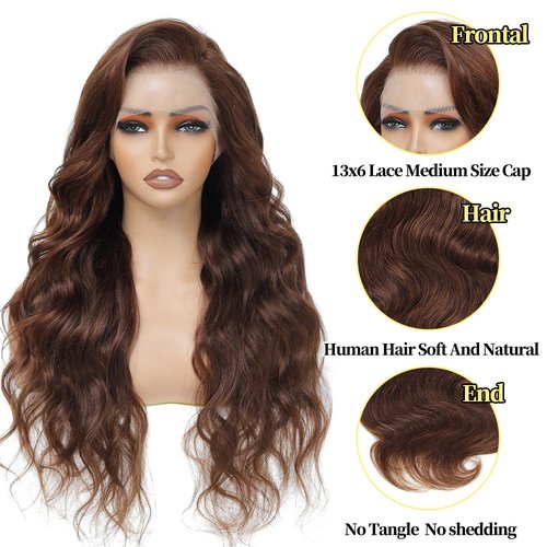 LAPONDAI 13x6 Chocolate Brown Lace Front Wig Human 200% Density Body Wave Wig HD Transparent Front Wig Human Hair Pre Plucked with Baby Hair Brown Colored Wigs Brown Wig 28 Inch