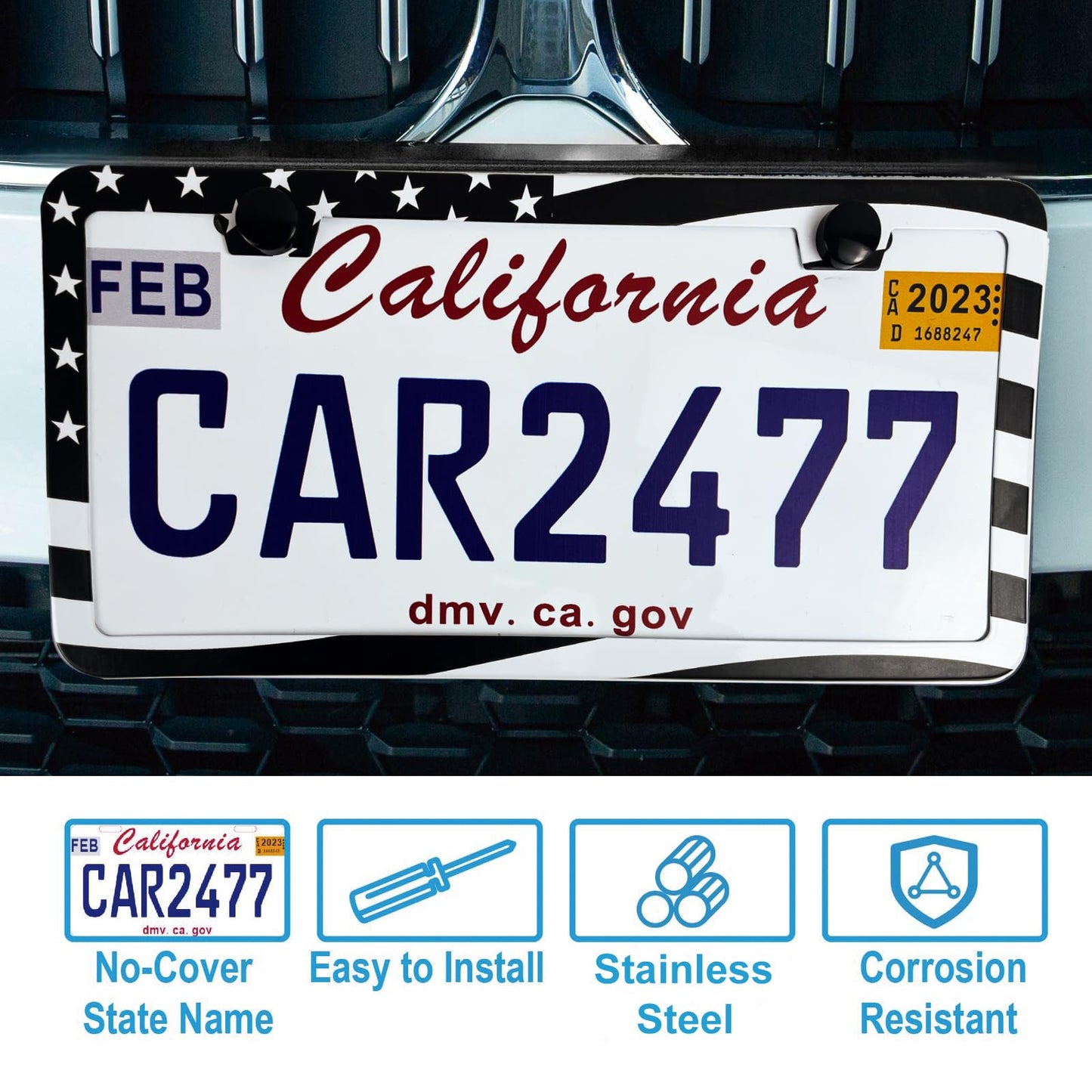 2PCS Premium American Flag License Plate Frame, Black License Plate Frames, 2 Holes Solid Stainless Steel License Plate Holder, Universal Car License Plate Frame for USA Flag, by Lengnoyp