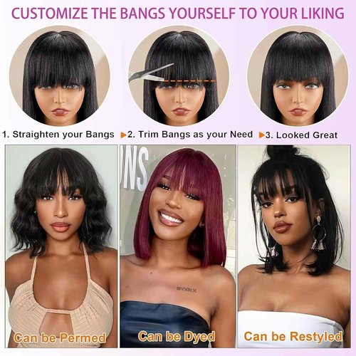 ROSELINE Short Bob Wig Human Hair Glueless HD 1X3 Lace Closure Human Hair Bob Wig With Bangs For Black Women (12Inch)