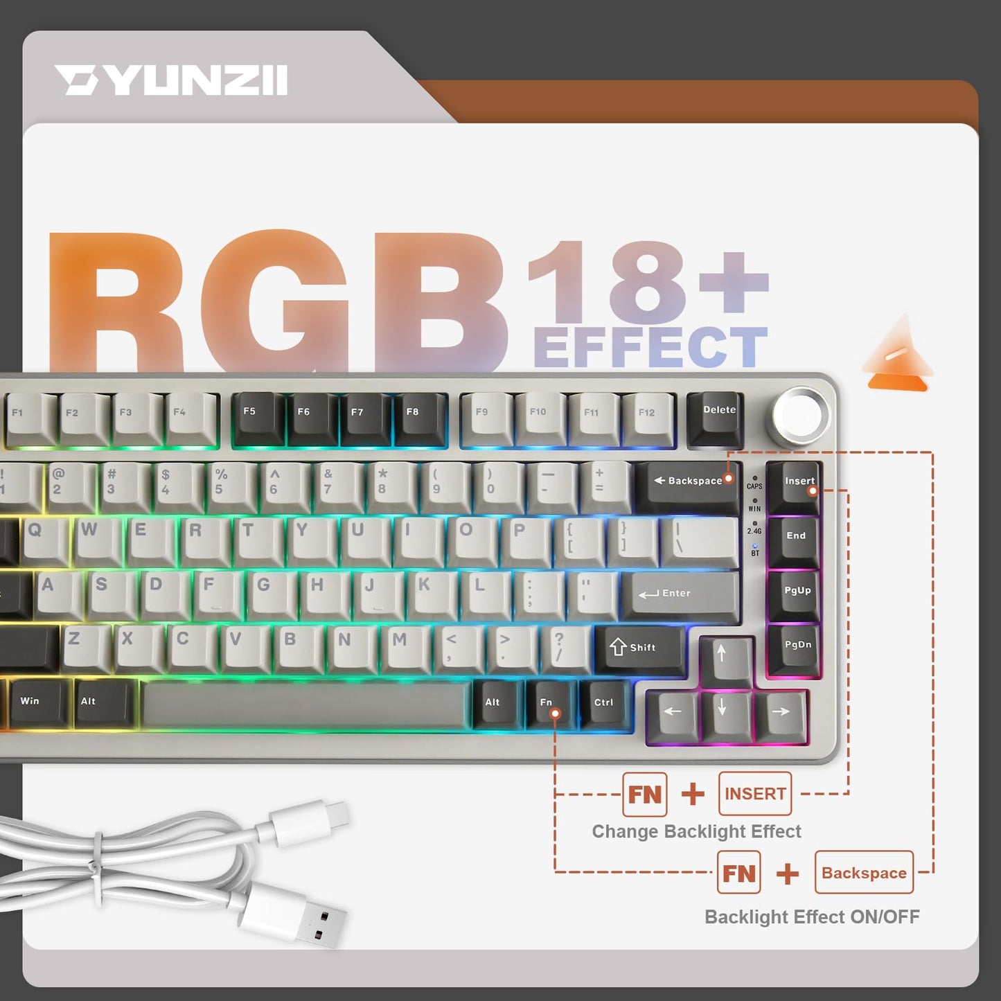 YUNZII B75 PRO Wireless Mechanical Keyboard,75% Layout with Knob,Hot Swap Gasket Custom Structure,Creamy Pre-lubed Switches,RGB Backlit,Bluetooth/Type-C/2.4G for Win/Mac(Milk Switch,Grey)