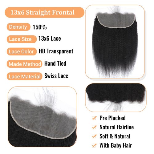13x6 Lace Frontal Human Hair Kinky Straight HD Transparent Ear to Ear Lace Closure With Baby Hair Free Part 100% Virgin Human Hair Frontal Natural Black 14 Inch