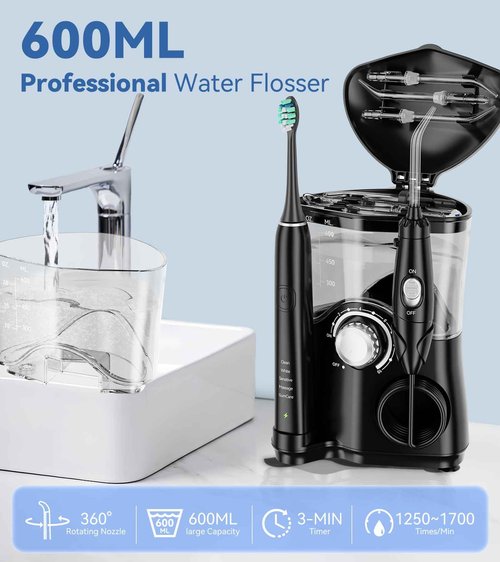 Water Flosser & Ultrasonic Electric Toothbrush Combo, 600ML Water Dental Flosser with 7 Jet Tips, 10 Adjustable Water Pressure, 5 Toothbrush Heads for Home Use, Gums, Braces (Black)