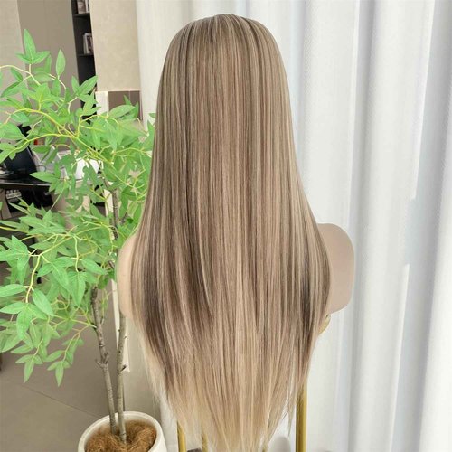 VASTCURY Ash Blonde Wigs Highlight Brown Ombre Color 13x4 Synthetic Fiber Lace Front Wig Long Silky Straight 22Inch Pre Plucked Hairline for Women