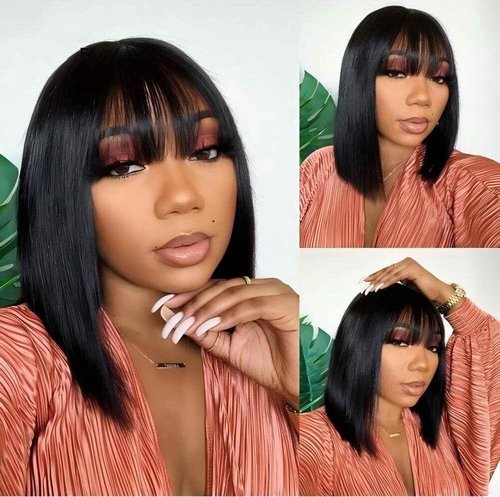 ISEE HAIR Bob Straight Wig with Bangs Human Hair Glueless Wig Ready to Go Human Hair Wigs For Women 180 Density (Straight, 14 Inch)
