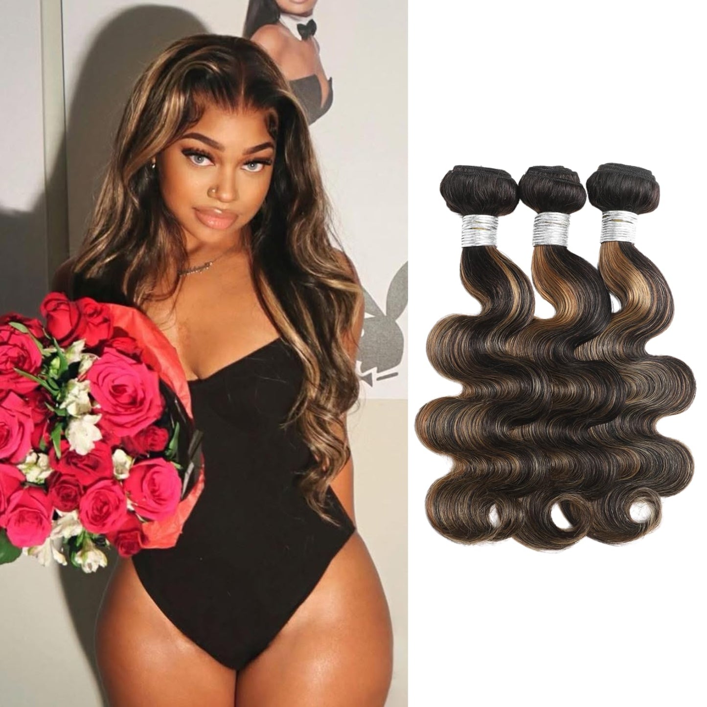 Honey Blonde Bundles Human Hair Highlighted Black and Blonde Bundles Body Wave Balayage Colored 12A 100% Brazilian Virgin Remy Human Hair 1b/27 Ombre Loose Wavy Sew In Weave 10 12 14 Inch