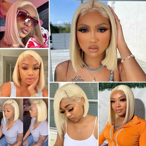 Blonde Bob Wig Human Hair 613 Lace Front Wigs Human Hair 200% Density 13x4 HD Lace Frontal Wig Pre Plucked With Baby Hair Glueless Short Straight Bob Wigs for Women (14 inch, 613 bob wig)