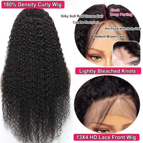 JIETAI 13X4 HD Lace Front Wigs Human Hair Pre Plucked with Baby 180% Density Brazilian Curly Wave for Black Women 9A Glueless frontal Natural Color (26 Inch)