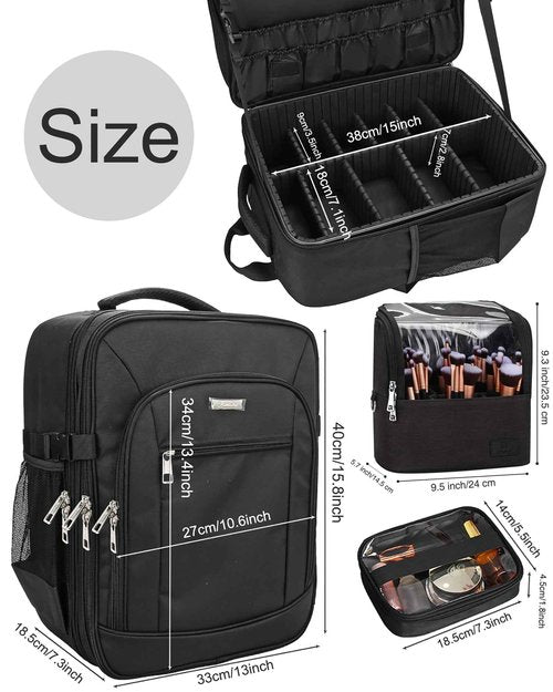 TANTO Makeup Backpack Makeup Artist Bag Professional Extra Large Cosmetic Bags Travel Train Case Storage Organizer Double-Layer Cosmetic Case with 4 Pouch and Brush Organizer (Black, two piece)