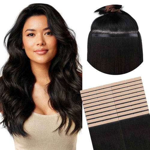 GOO GOO Tape in Hair Extensions Human Hair, 1B Natural Black, 8cm Wide Tape, 18inch 20pcs 100g, Tape Weft Hair Extensions, Real Human Hair, Seamless Tape in