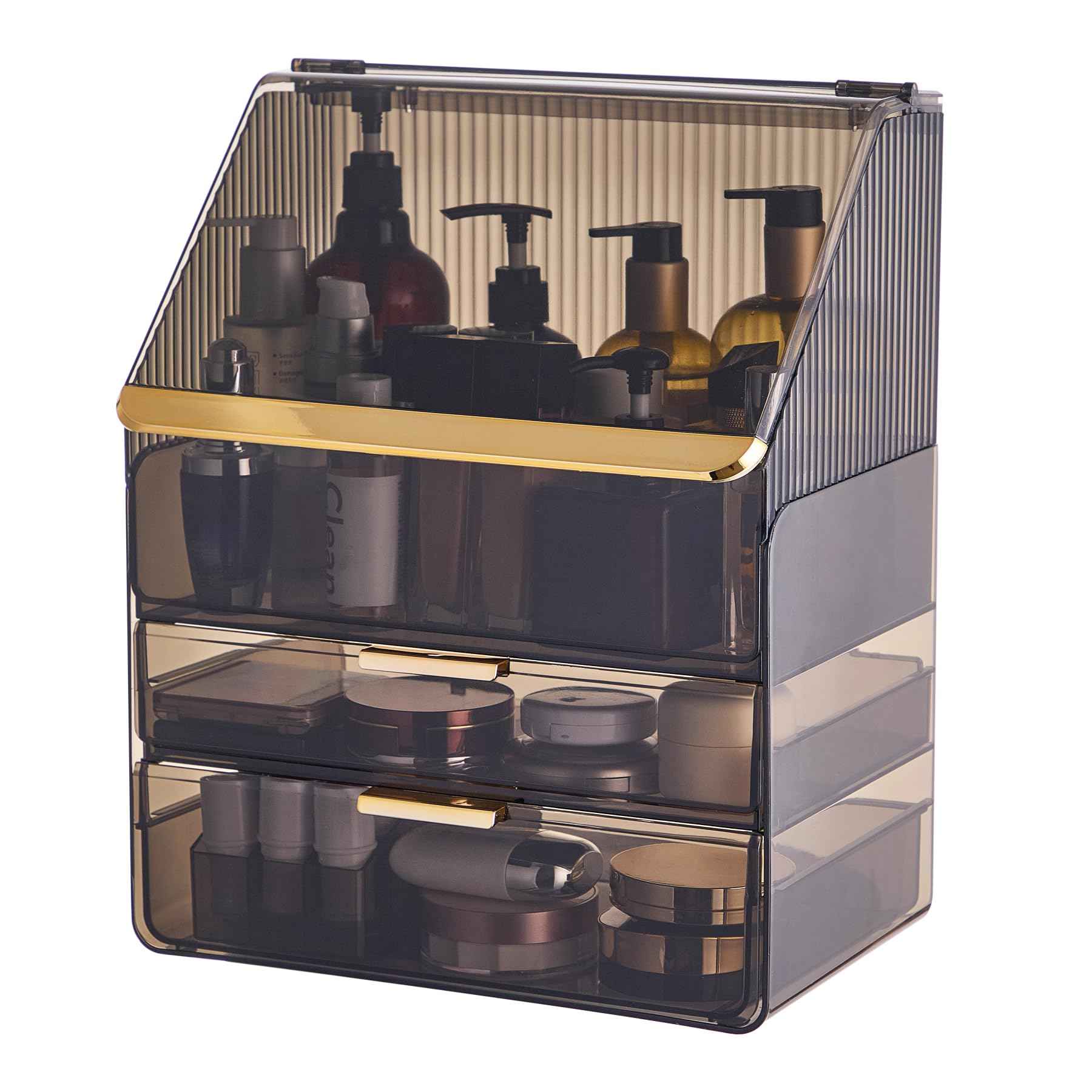 Large Cosmetic Organizer with Lipstick Holder Fully Transparent with Drawers, Dustproof Waterproof Bathroom Counter Storage for Skincare Lipstick Makeup Brushes(Black)