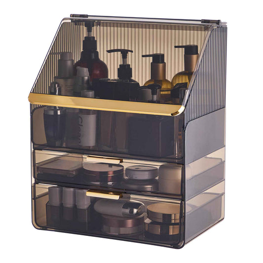 Large Cosmetic Organizer with Lipstick Holder Fully Transparent with Drawers, Dustproof Waterproof Bathroom Counter Storage for Skincare Lipstick Makeup Brushes(Black)