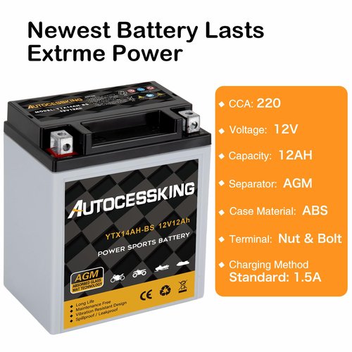 Autocessking YTX14AH-BS 12V 12Ah Battery, Rechargeable Sealed AGM Battery Maintenance Free Powersport Replacement Battery for Motorcycle, ATV and Scooter