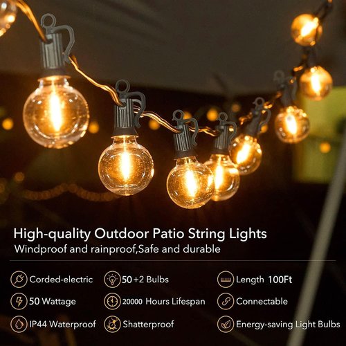 Brightown Outdoor String Lights - 100 FT Patio Lights with 50 LED G40 Globe Plastic Bulbs, All Weatherproof Connectable Commercial Hanging Light for Outside Backyard Porch Cafe