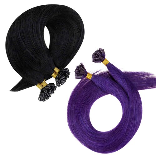 RUNATURE Bundles Purple U Tip Hair Extensions Human Hair 22 Inch 25g 25 Strands and Black U Tip Keratin Hair Extensions Human Hair 24 Inch #1 50g 50 Strands
