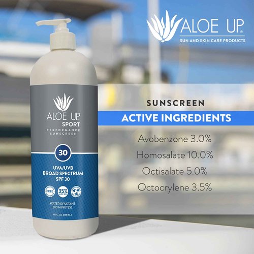 Aloe Up Sport Sunscreen Lotion SPF 30 - Broad Spectrum UVA/UVB Sunscreen Protector for Face and Body With Hydrating Aloe Vera Gel Non-Greasy No White Cast Reef Safe Fragrance-Free - 32 Oz.