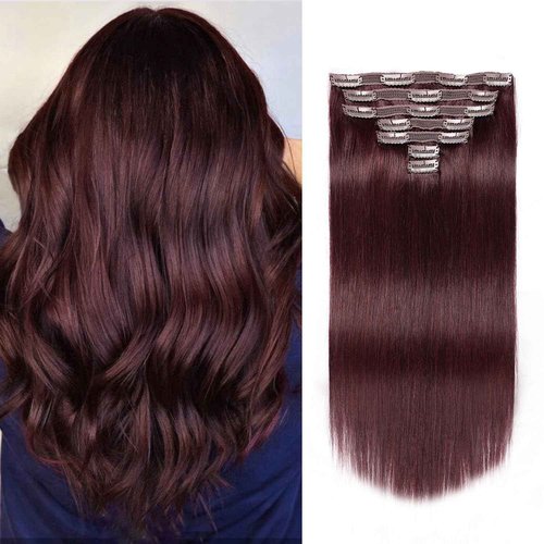 Jiameisi Clip in Hair Extensions Real Human Hair, 18inch Remy Human Hair Extensions Double Weft 70g 7pcs, Wine Red Straight Clip ins for Women #99j Burgundy