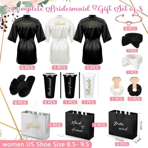 Shyyween 56 Pcs Bridesmaid Bride Robes Set of 8 Bridal Party Silk Satin Robes for Wedding Bachelorette Party Gifts(White,Black)