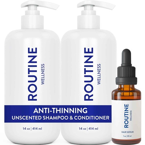 Routine Wellness Shampoo and Conditioner Set and Hair Serum for Stronger Hair - Biotin | Color Safe | Sulfate-Free | Vegan | Clinically Tested | Nourishing Oils and Vitamins - Unscented