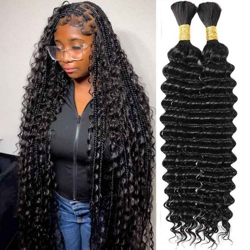 Human Braiding Hair Deep Wave Bulk Human hair for Braiding Natural Black Color No Weft Human Hair Bundles Micro Virgin Human Hair Extension for Boho Braids (100g(2bundles), 24 Inch)